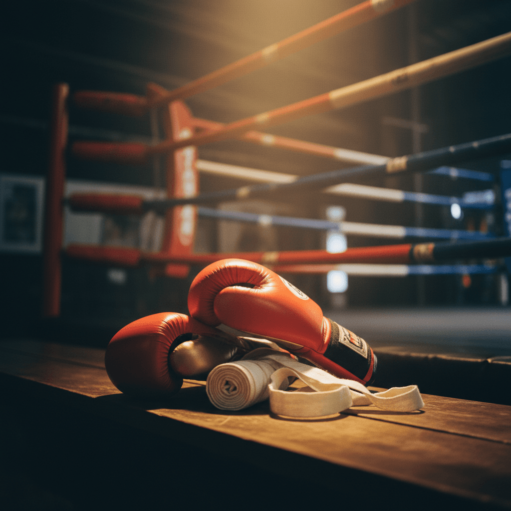 Macro photograph of a fresh pair of red Muay Thai gloves and white cotton hand-wraps on a wooden bench inside a warm-lit Bangkok gym, the corner of a training ring with red and blue padding softly out