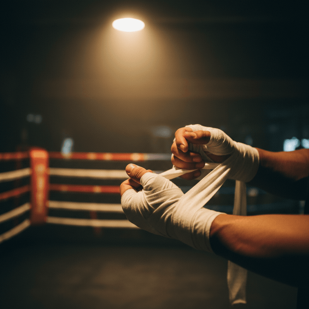 Macro photograph of a pair of hands being wrapped in plain white cotton Muay Thai hand-wraps inside a warm-lit gym, a single training ring with RED and BLUE corner padding softly blurred in the backgr