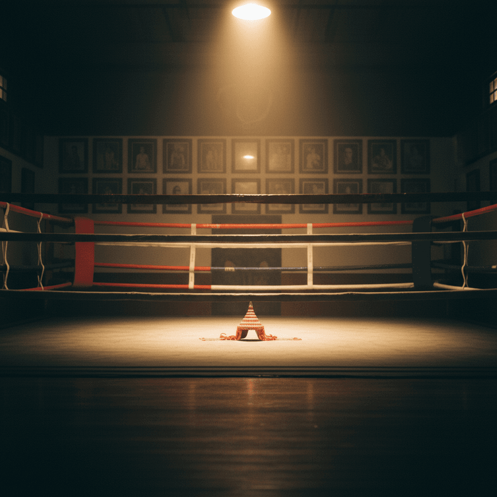 Cinematic editorial photograph of an empty traditional Muay Thai ring at Rajadamnern Stadium, classic RED and BLUE corner padding, a Mongkol resting on the canvas, framed photographs softly out of foc