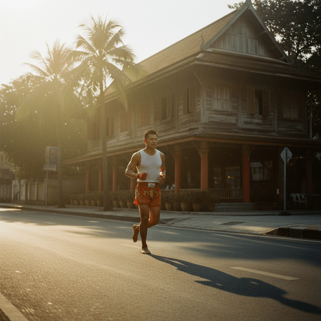 Cinematic photograph of a Thai fighter running on a quiet Bangkok road at sunrise, traditional Muay Thai gym building visible in the background, warm gold morning light, atmospheric haze.