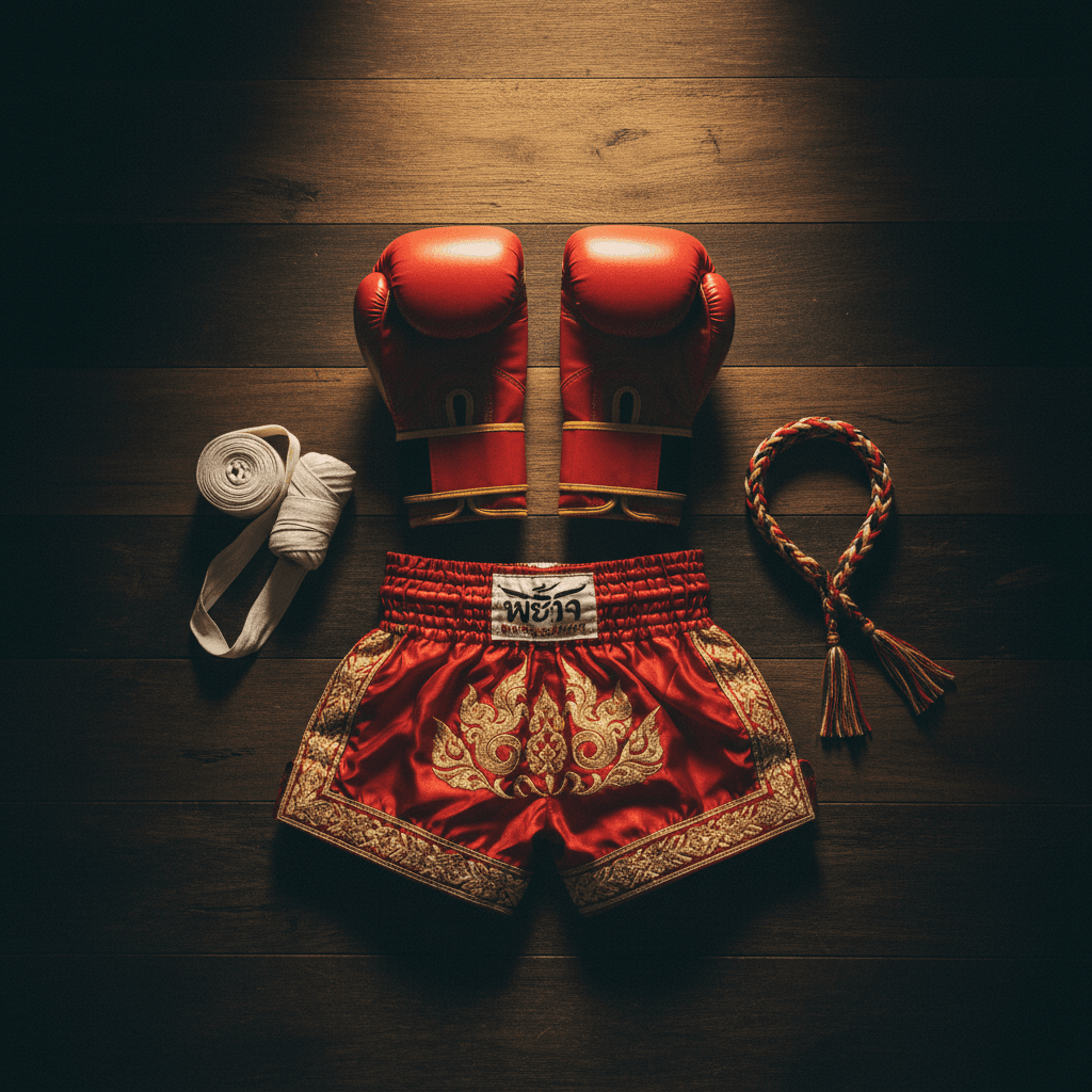Editorial flat-lay photograph on dark wood: a pair of red Muay Thai gloves, classic Muay Thai shorts in red and gold, white cotton hand-wraps coiled, and a Pra Jiad braided armband. Warm overhead gold