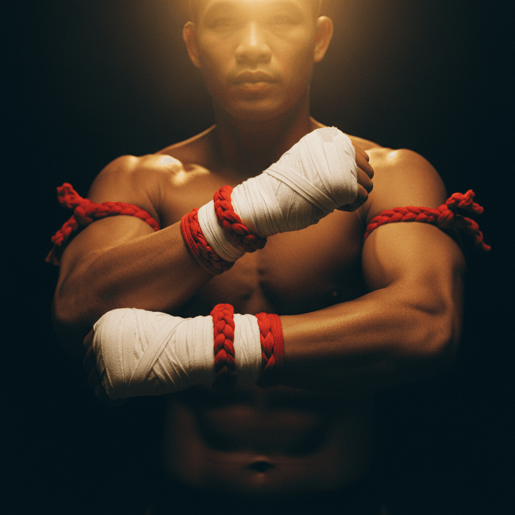 Macro cinematic photograph of two red braided Pra Jiad armbands tied around a fighter's biceps, his hands wrapped in plain white cotton, warm gold ringside light, deep dark background.