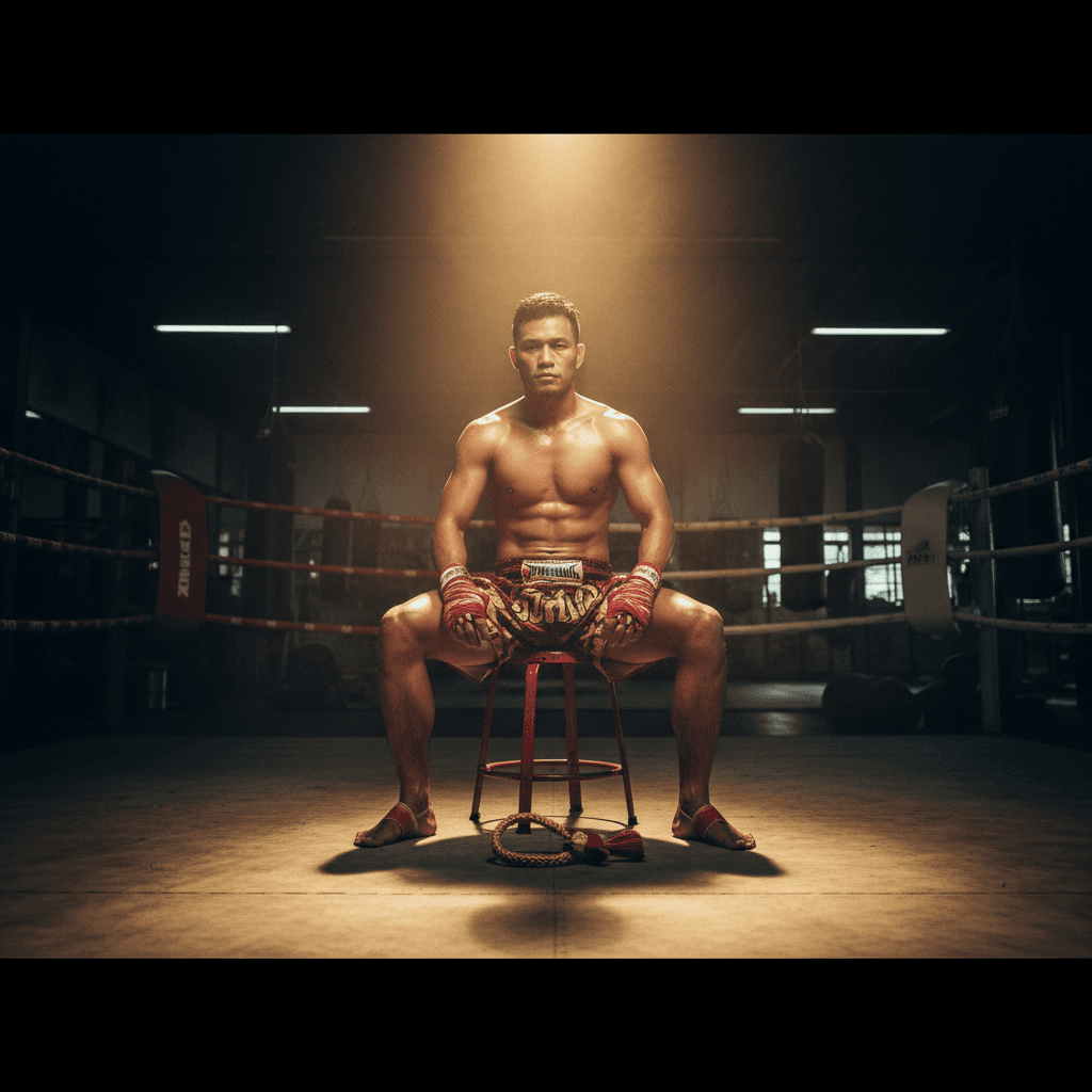 Atmospheric photograph of a Thai professional Muay Thai fighter sitting on a ring stool in a dim training gym, hands wrapped, a Mongkol braided headband on the canvas behind him, warm gold side-light.