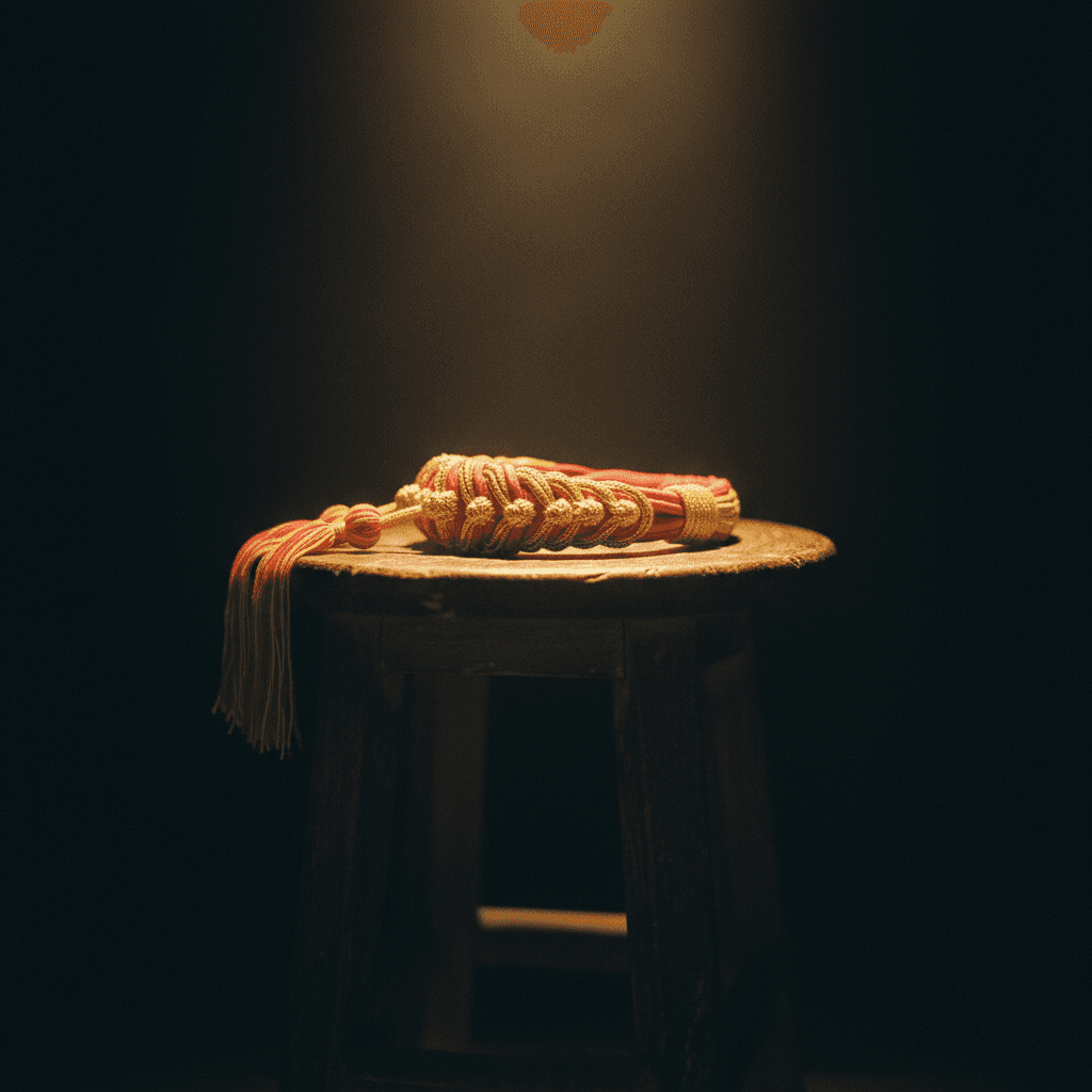 Cinematic close-up still life photograph of a single Mongkol — the sacred braided rope-loop Muay Thai headband — resting on a wooden ring stool, lit by warm gold overhead light, deep black background.