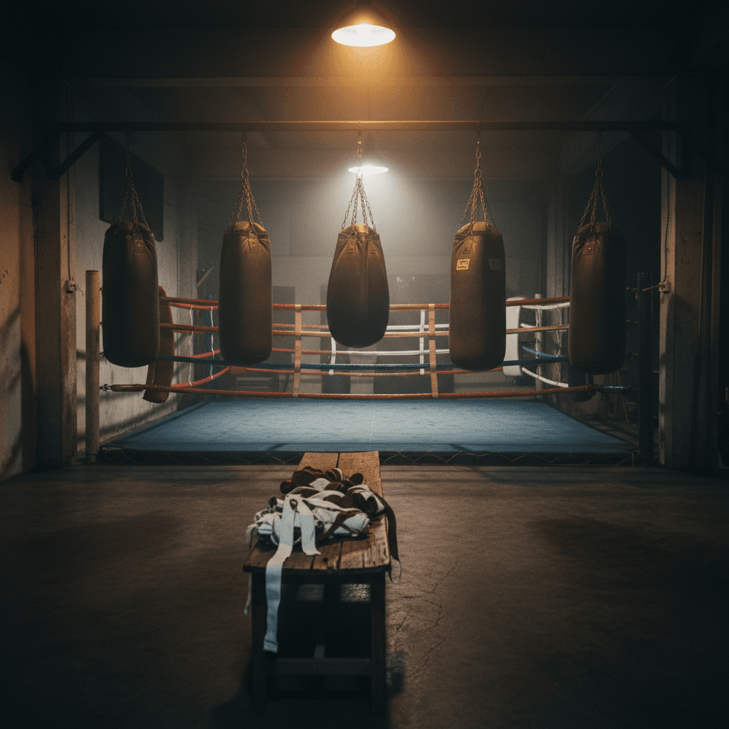 Atmospheric interior of an authentic Bangkok Muay Thai gym at dusk. A row of plain dark heavy bags hangs from chains, a roped training ring with classic RED and BLUE corner padding sits in the deep ba