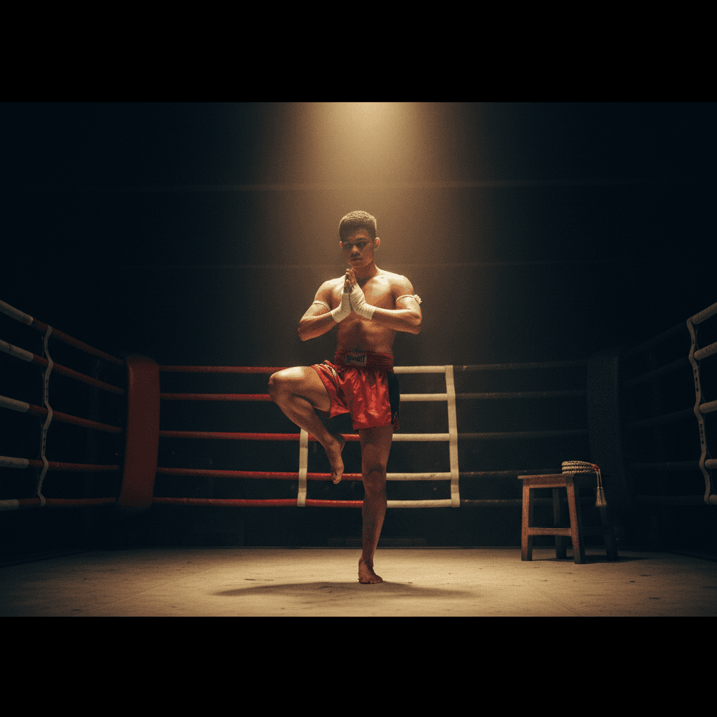 Cinematic photograph of a Muay Thai fighter performing the wai khru ram muay pose inside a traditional ring at Rajadamnern Stadium — one knee raised, hands together in a respectful bow, wearing a Mong