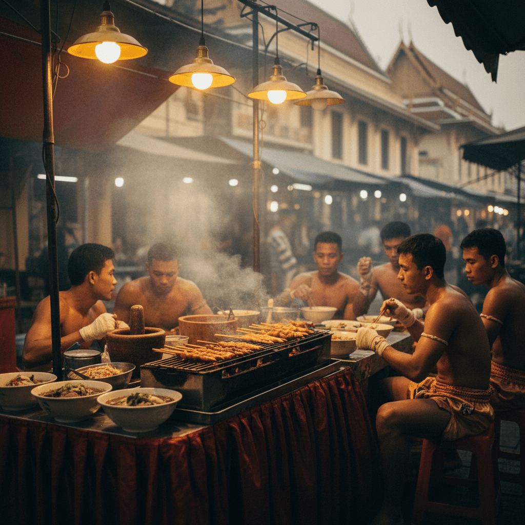 Cinematic editorial photograph of a Thai street-food stall at dusk in old-town Bangkok, steaming bowls of boat noodles, grilled chicken, and som tam, warm tungsten light, atmospheric haze.