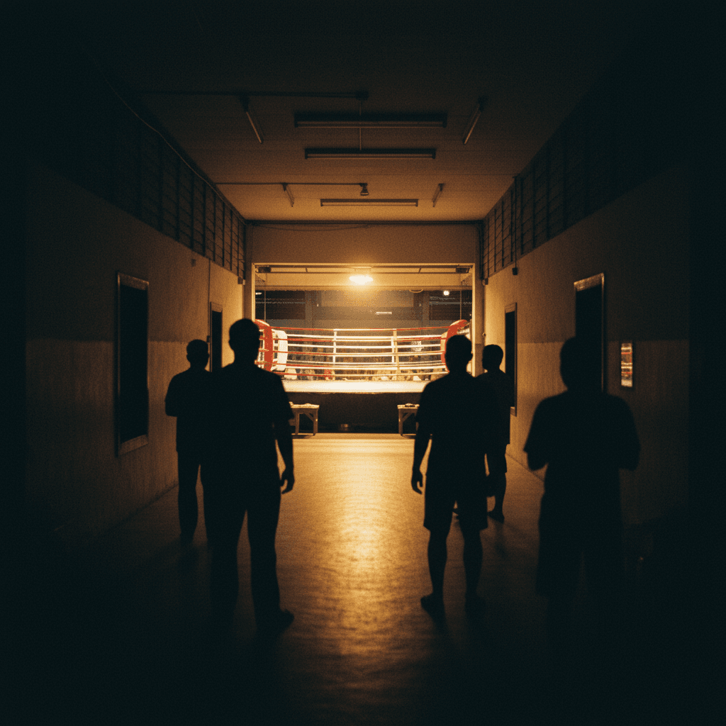 Intérieur atmosphérique chaleureusement éclairé d'un stade traditionnel de Bangkok une heure avant la soirée de combat