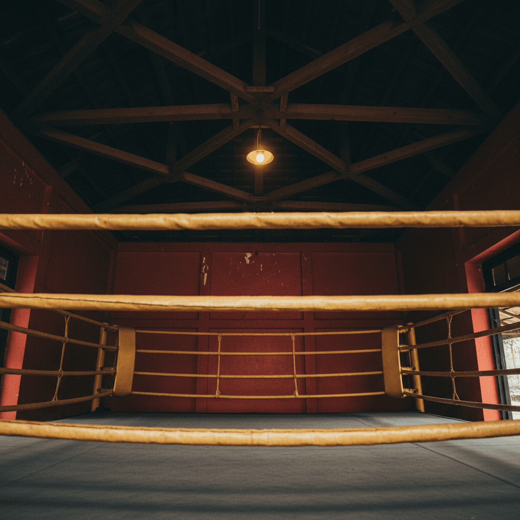 Photo d'ambiance patrimoniale de poutres de stade en bois patiné au-dessus d'un ring de Muay Thai traditionnel