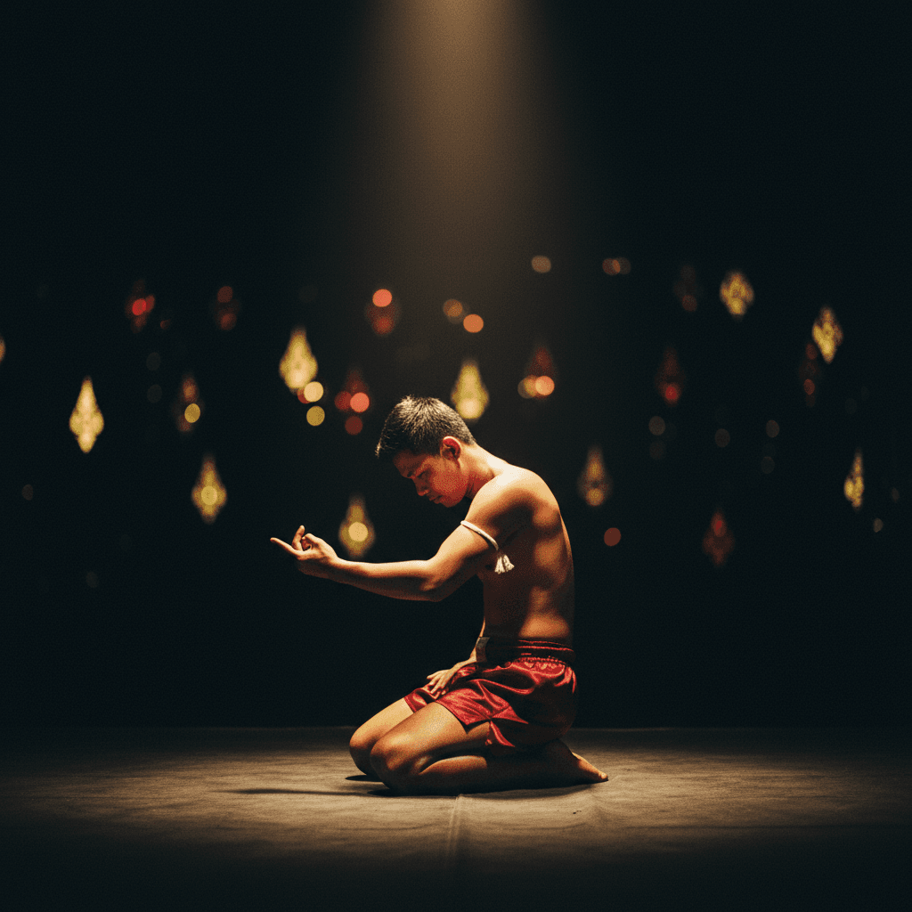 Combattant de Muay Thai solitaire exécutant la danse cérémonielle wai khru sous un seul projecteur