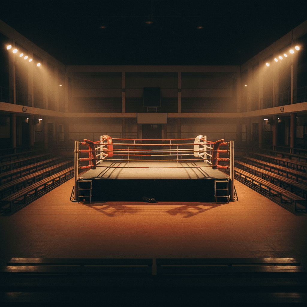 Editorial atmosphere shot of a Muay Thai stadium interior at twilight with warm gold haze