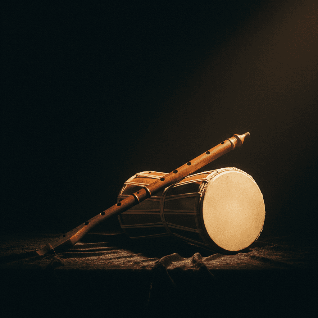 Traditional Thai sarama oboe and barrel drum instruments on dark velvet under gold light