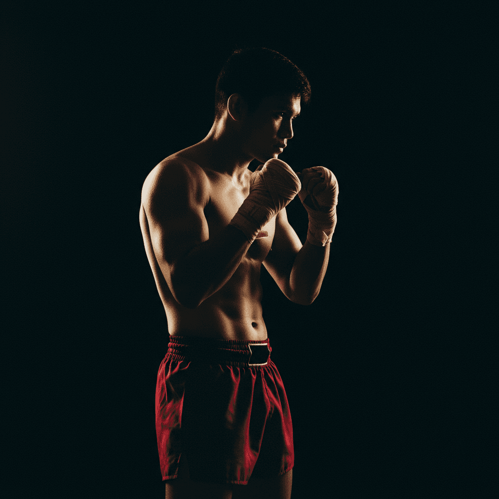 Silhouette of a Muay Thai fighter in profile against warm gold rim light