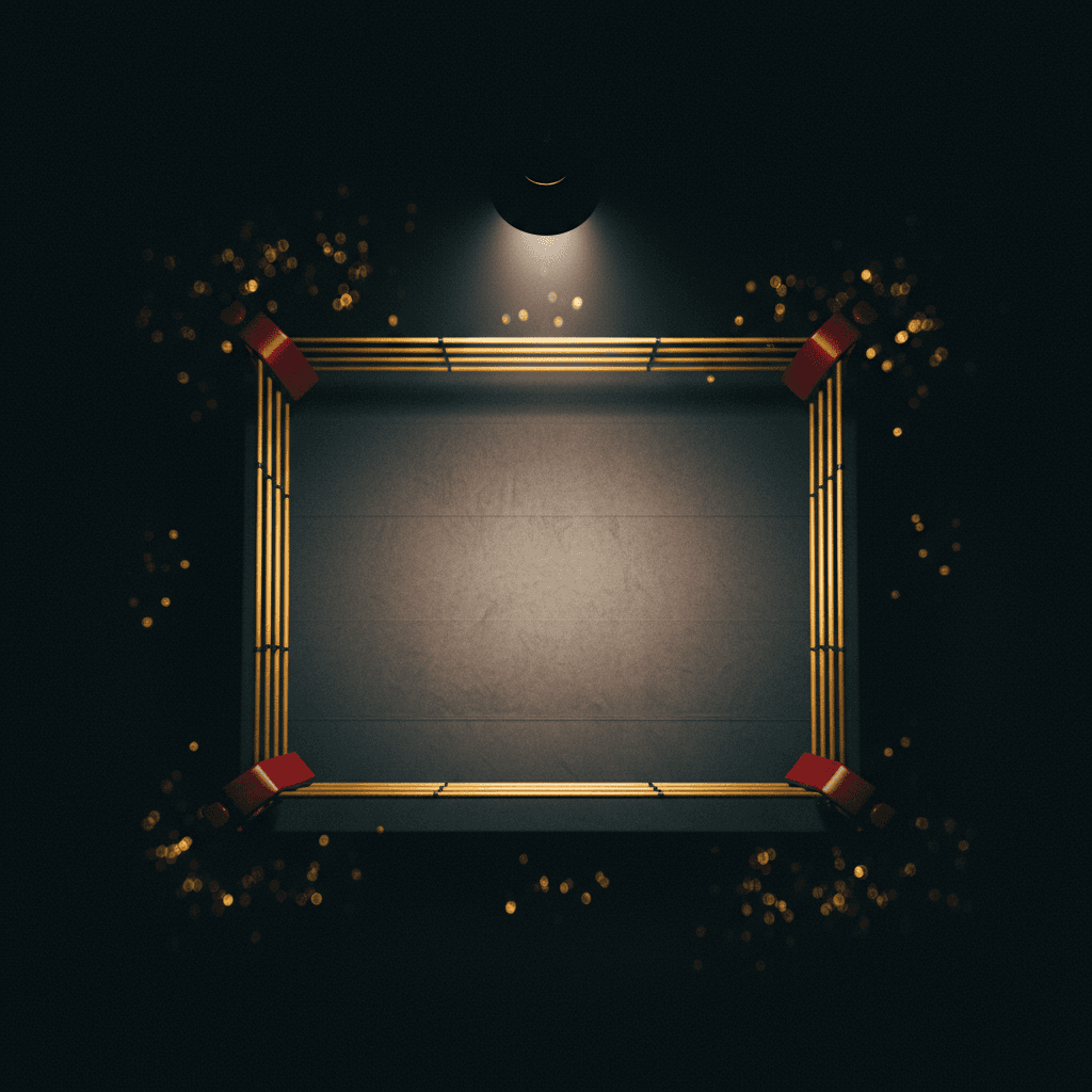 Top-down view of an empty Muay Thai ring lit by a single overhead spotlight