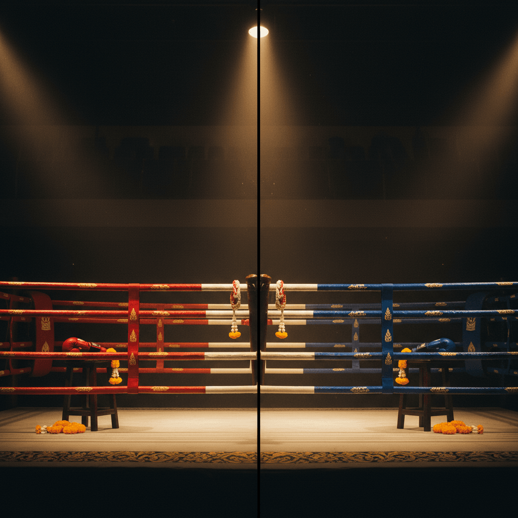 Deux poteaux de coin de ring de Muay Thai traditionnels encadrés de lumière dorée sur un fond noir profond