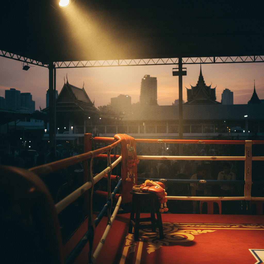 Bangkok skyline silhouette at dusk with traditional Thai temple rooftops against an indigo sky