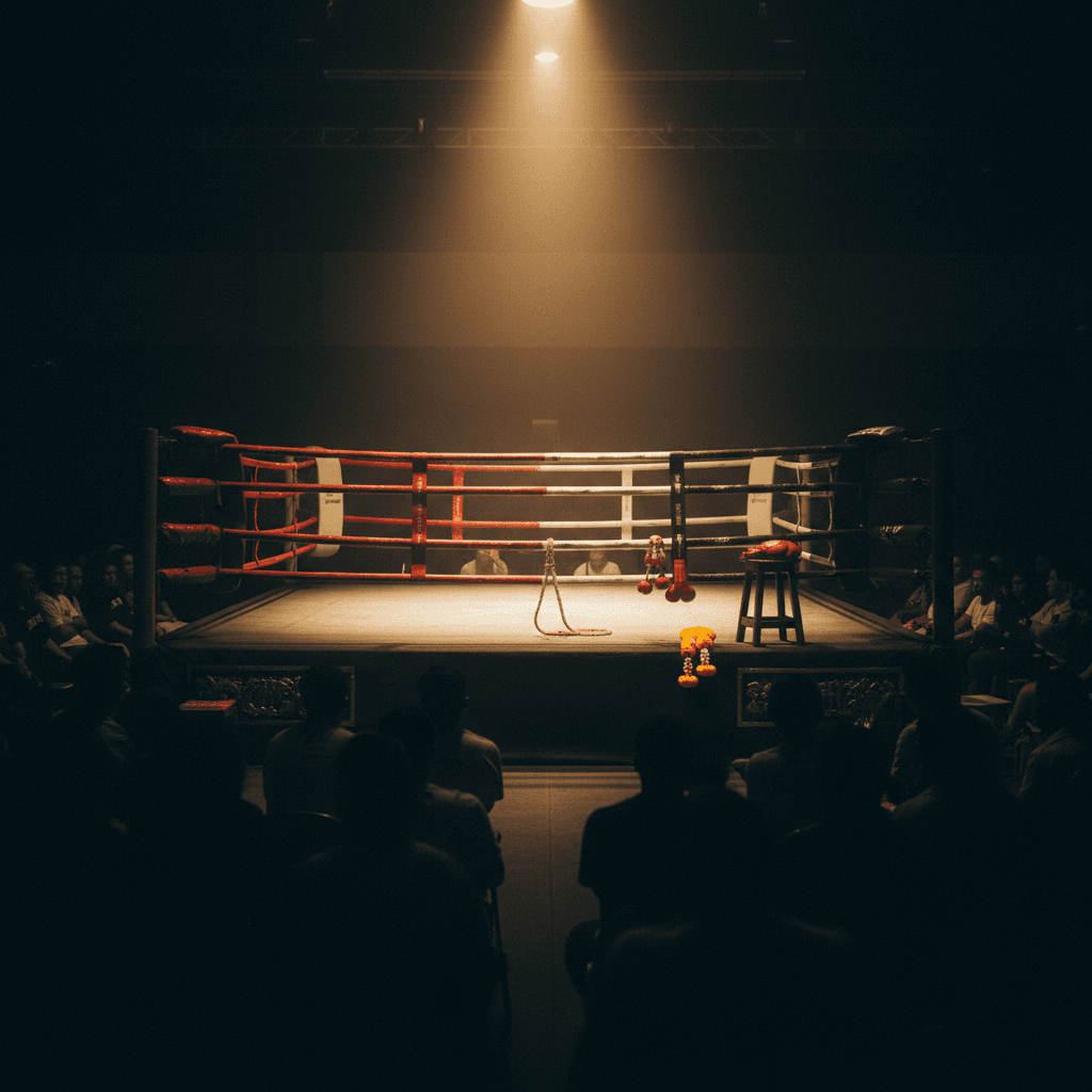 Exterior of a traditional Bangkok Muay Thai stadium at dusk with warm glowing windows