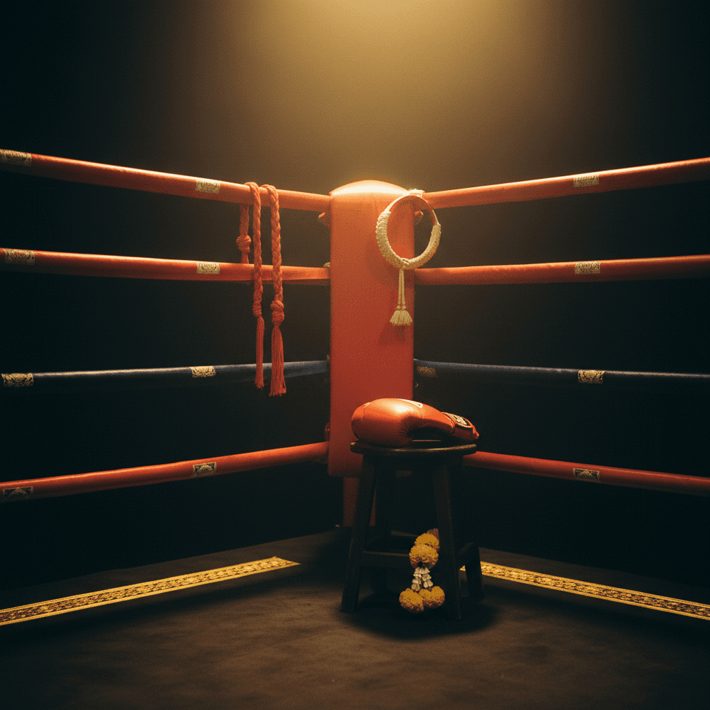Macro close-up of royal gold Muay Thai ring ropes and turnbuckle in warm light