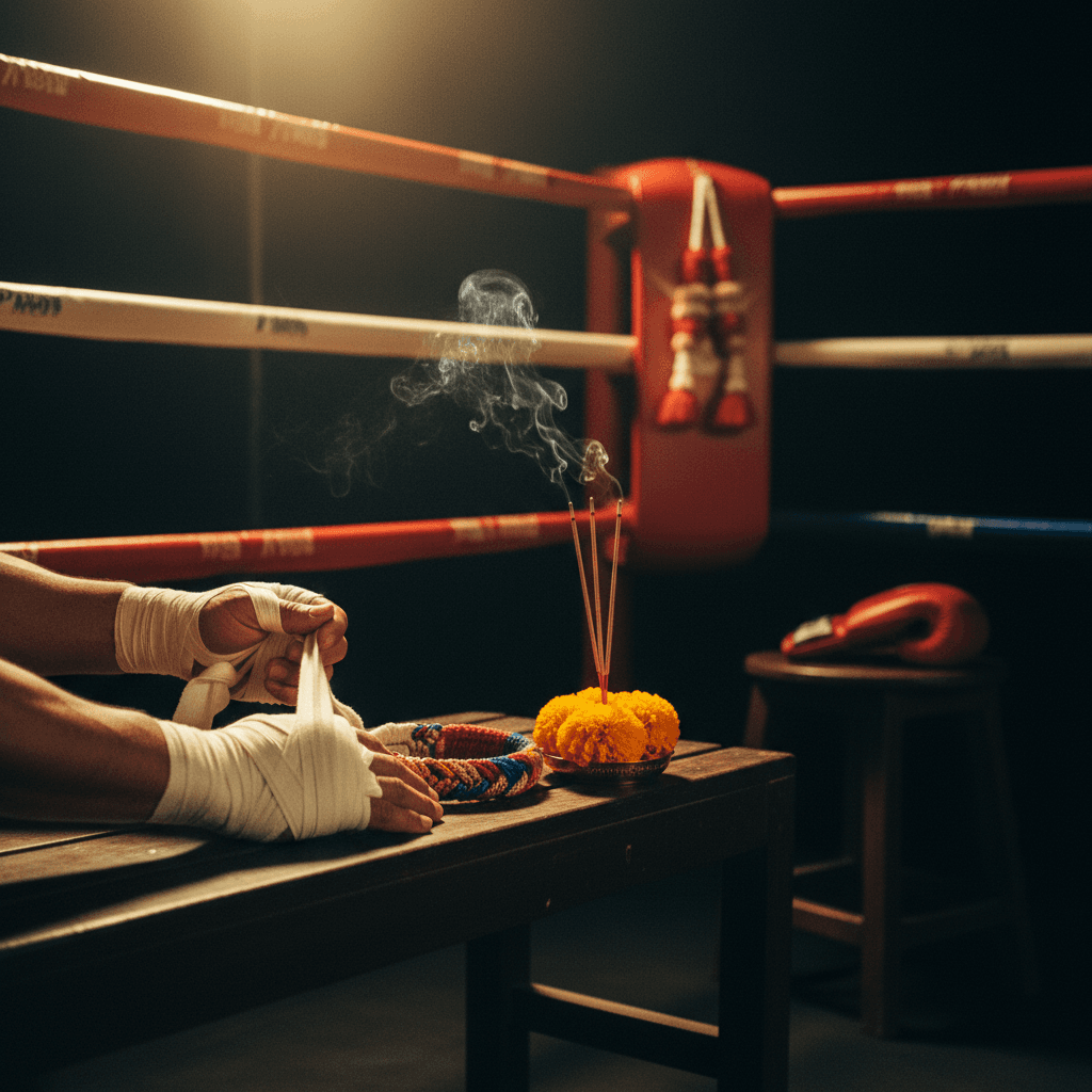 Macro close-up of plain white cotton Muay Thai hand-wraps being applied under warm light