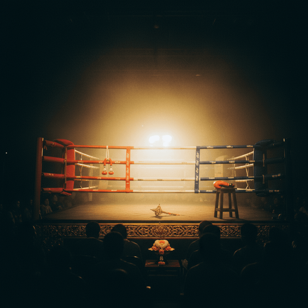 Cinematic ringside view of a Muay Thai ring at night under warm gold spotlights