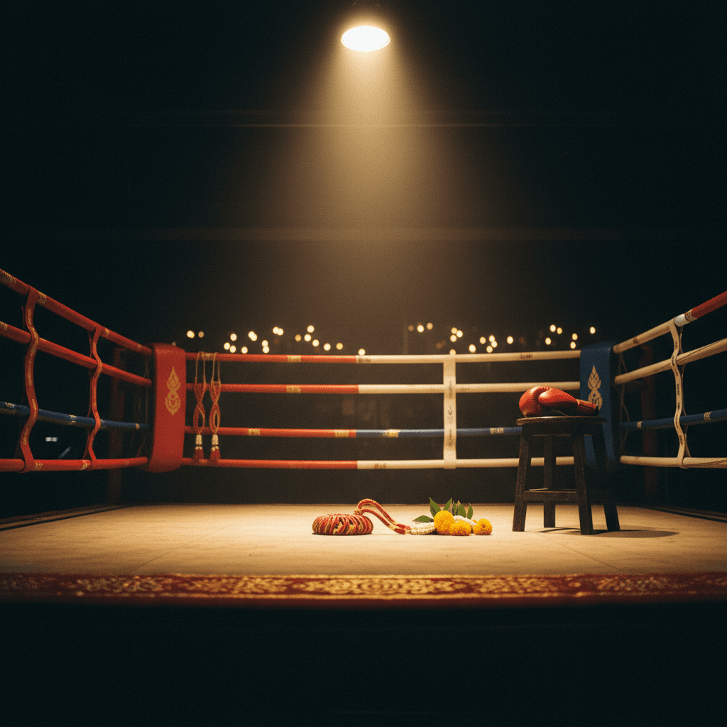 Wide low-angle view of a Muay Thai ring viewed from premium ringside seating