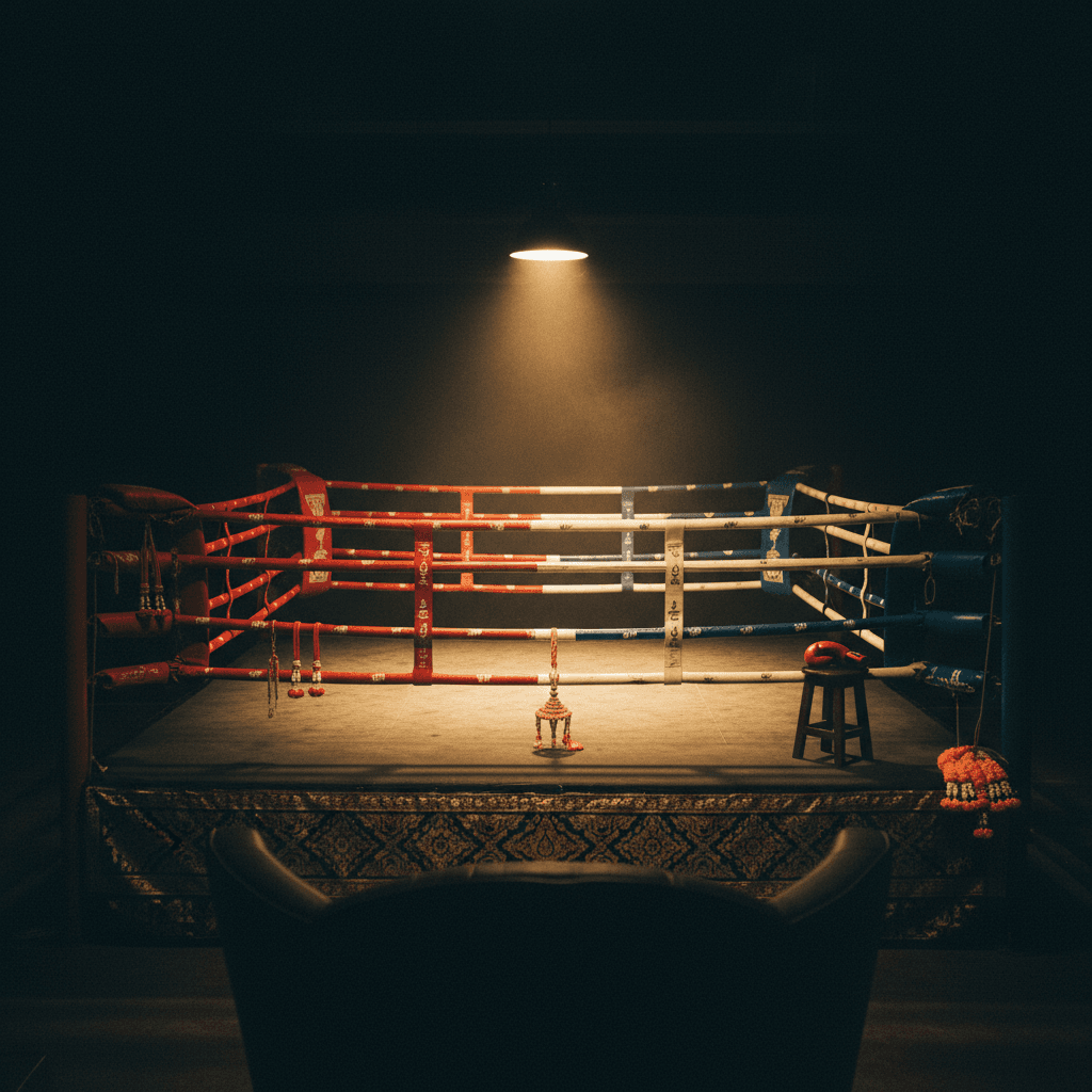 Elevated club-level view across an empty Muay Thai ring under warm spotlights