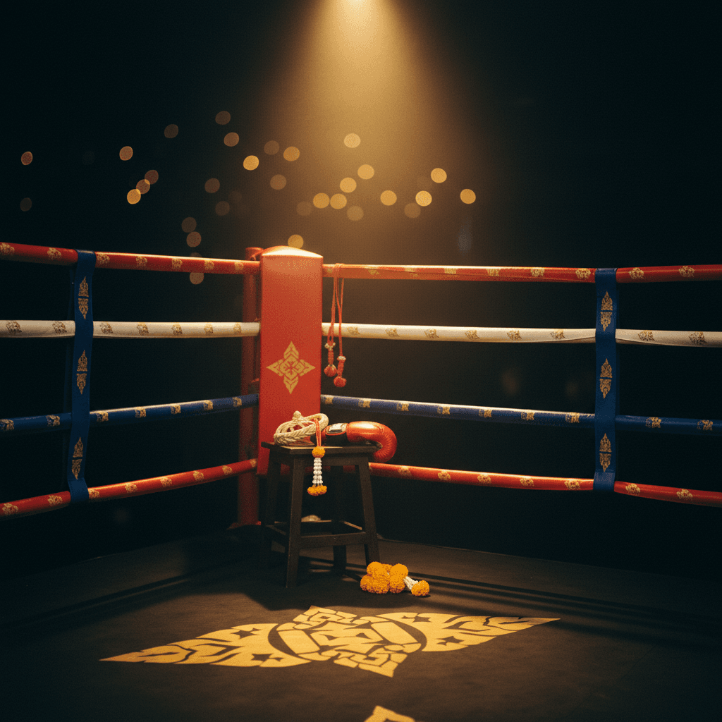 Premium ringside perspective looking across the canvas of a traditional Muay Thai ring